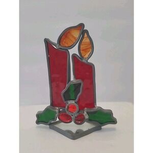 Vintage Stained Glass‎ Red Candlesticks Green Holly  Christmas Suncatchers
